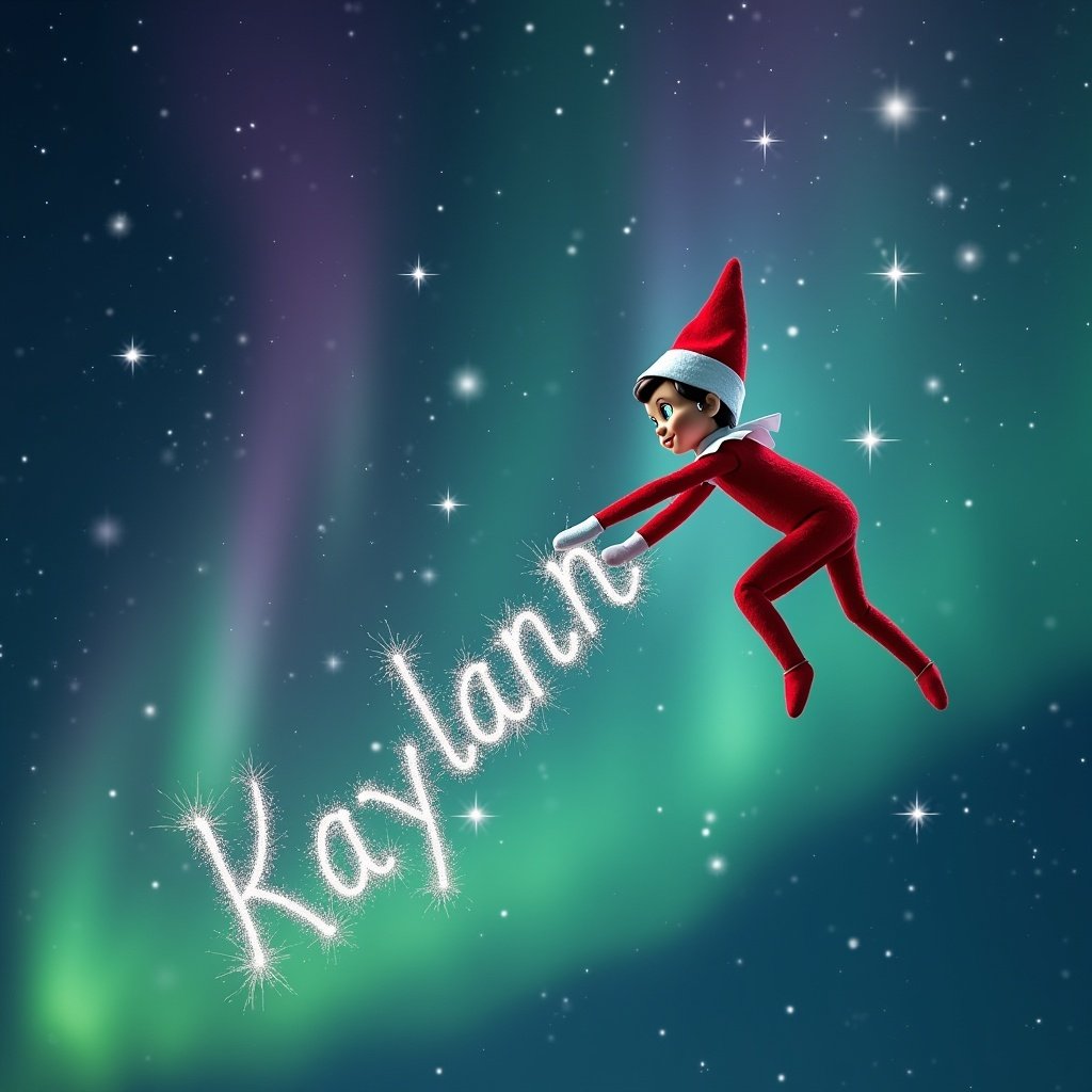 Elf character dressed in red jumpsuit with elf hat. Elf writes name Kaylann in sparkling letters in the sky against northern lights. Magical winter scene with vivid colors.