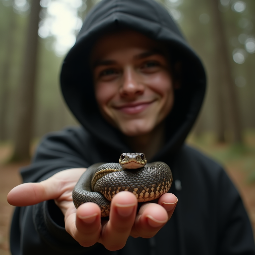 A person in a hooded sweatshirt holds a coiled snake in their hand, smiling amidst a forest setting.