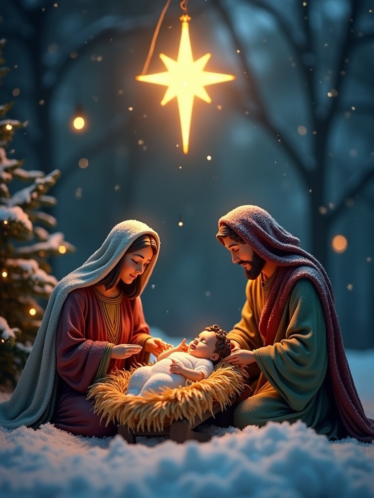 A Christmas manger scene surrounded by snow. Twinkling lights illuminate the Holy Family. A shining star hangs above. Baby Jesus lies in the hay.