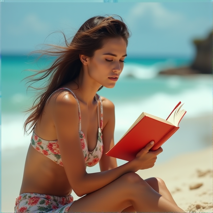 A woman in a floral bikini sits on a sandy beach, absorbed in reading a red book, with the turquoise sea in the background.