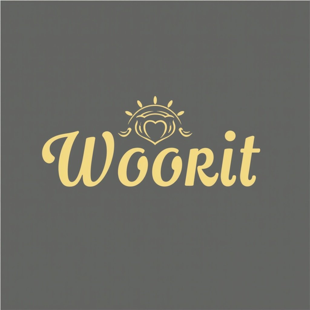 Design a logo featuring the word 'Woorit' with an elegant style. Include a heart symbol incorporated into the design. Use a modern aesthetic. The logo is set against a grey background.