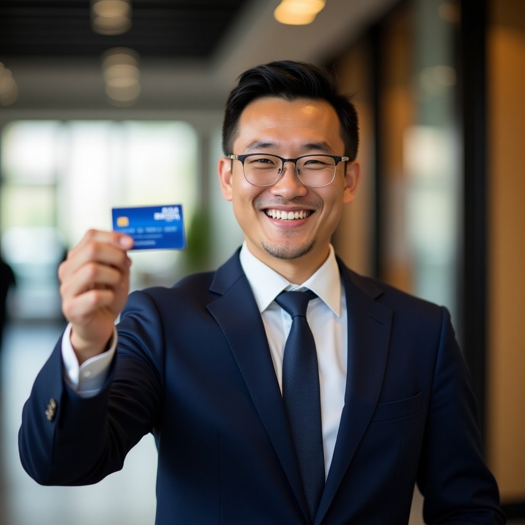 Portrait of a man in a suit holding a credit card indoors. The background is blurred to highlight the man and card.