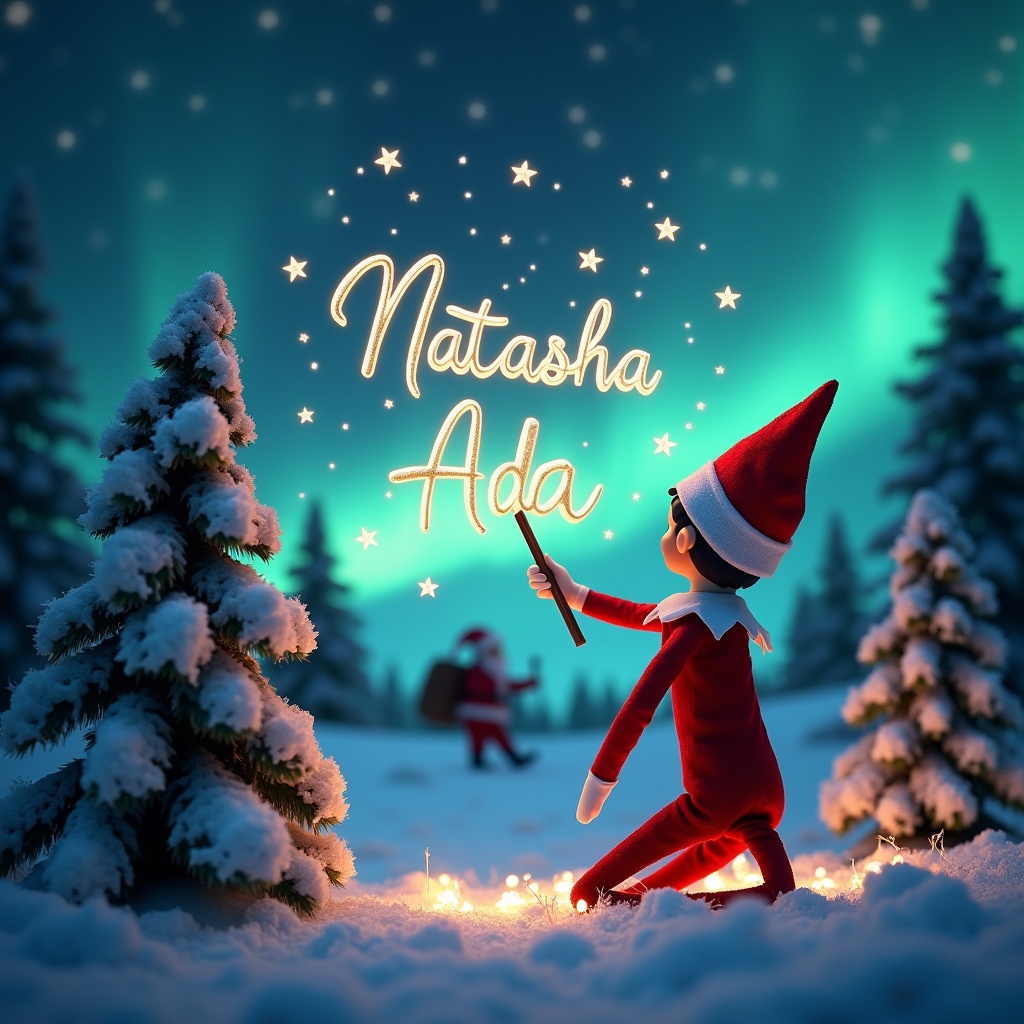 Elf on the shelf in red outfit faces winter night sky. Elf uses wand to write names Natasha and Ada among stars. Northern lights glow in background. Surrounding snow-covered trees enhance winter scene. Silhouette of Santa appears in distance for Christmas theme.