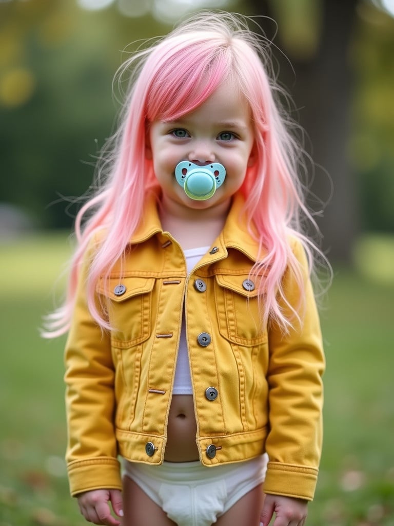 Nine year old girl with long pink hair and emerald green eyes. Wearing a yellow denim jacket and diapers. Smiling in the park. Pacifier in her mouth with parents.