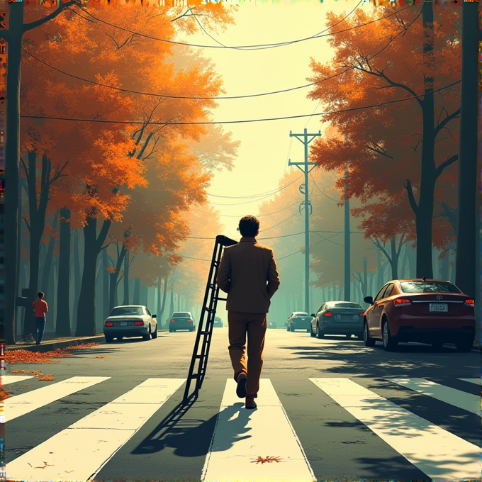 A person carrying a ladder walks across a street lined with autumn trees.