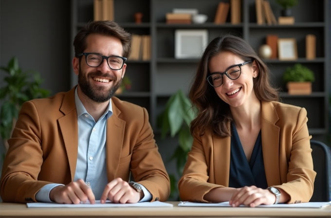 A man and woman wearing similar brown jackets and glasses, smiling at a desk with blurred shelves in the background.