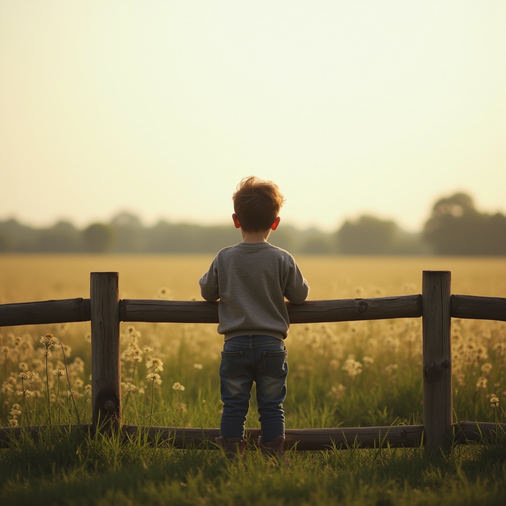 A child stands by a wooden fence, gazing at a sunlit field.