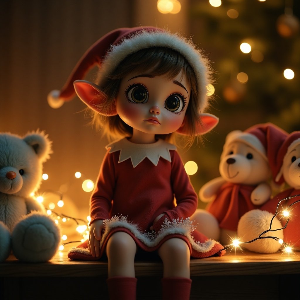 Sad elf doll with big eyes and a Christmas hat. Surrounded by teddy bears and twinkling lights. Soft focus on a warm background.