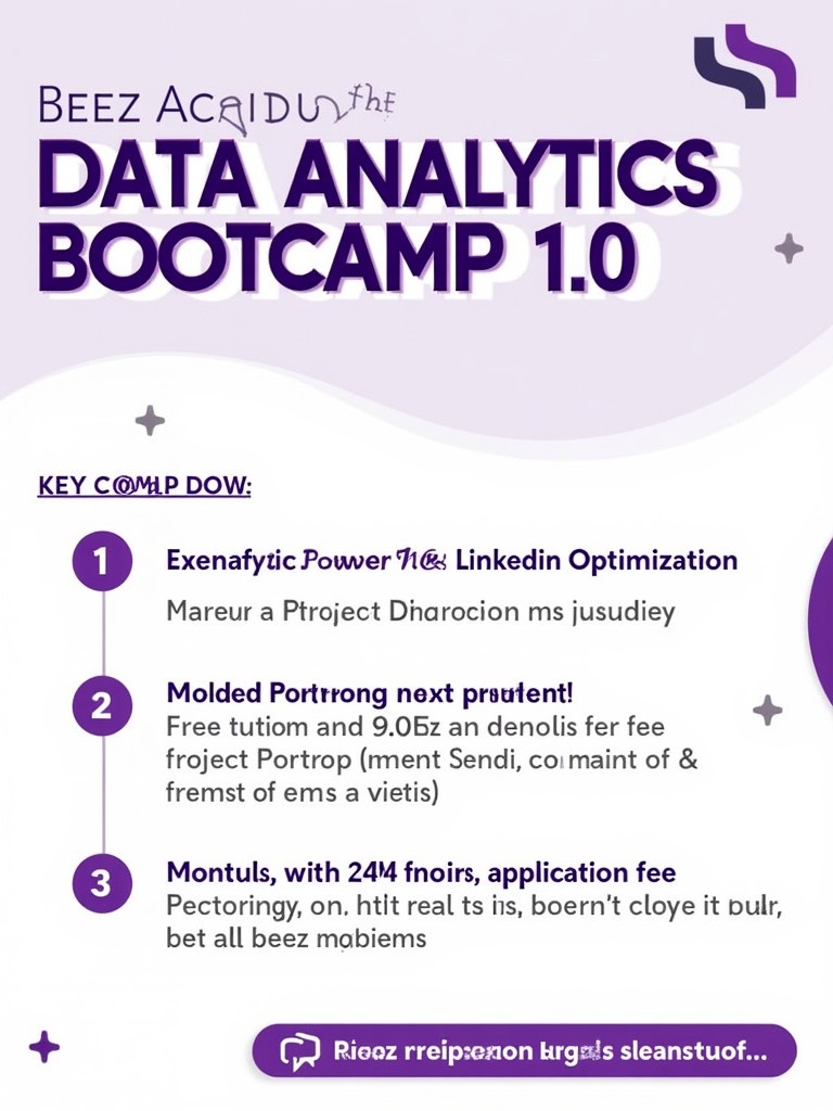 Flyer advertising Beez Academy Data Analytics Bootcamp 1.0 Courses include Excel Power BI and LinkedIn Optimization Free tuition 2000 naira application fee 4 weeks virtual class Light purple white and black colors used