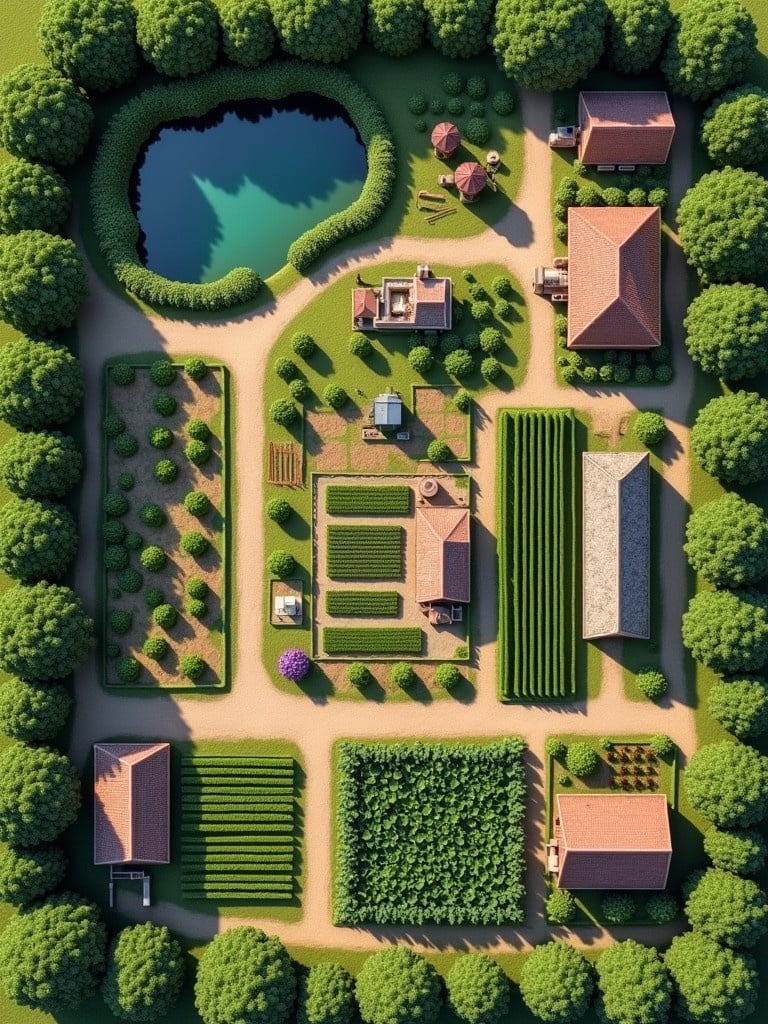 Aerial view capturing a 2-acre detailed farm layout. Sections for various crops feature a man-made irrigation pond. The scene includes a 4-bedroom bungalow, greenhouses for vegetables, two herb processing plants, and a multi-track flour mill. Pathways connect different areas, showing integrated organic farming practices.