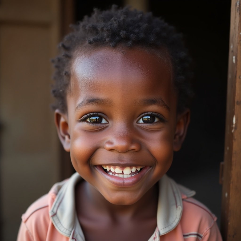 Closeup of a child in an orphanage in Uganda looking straight into the camera.