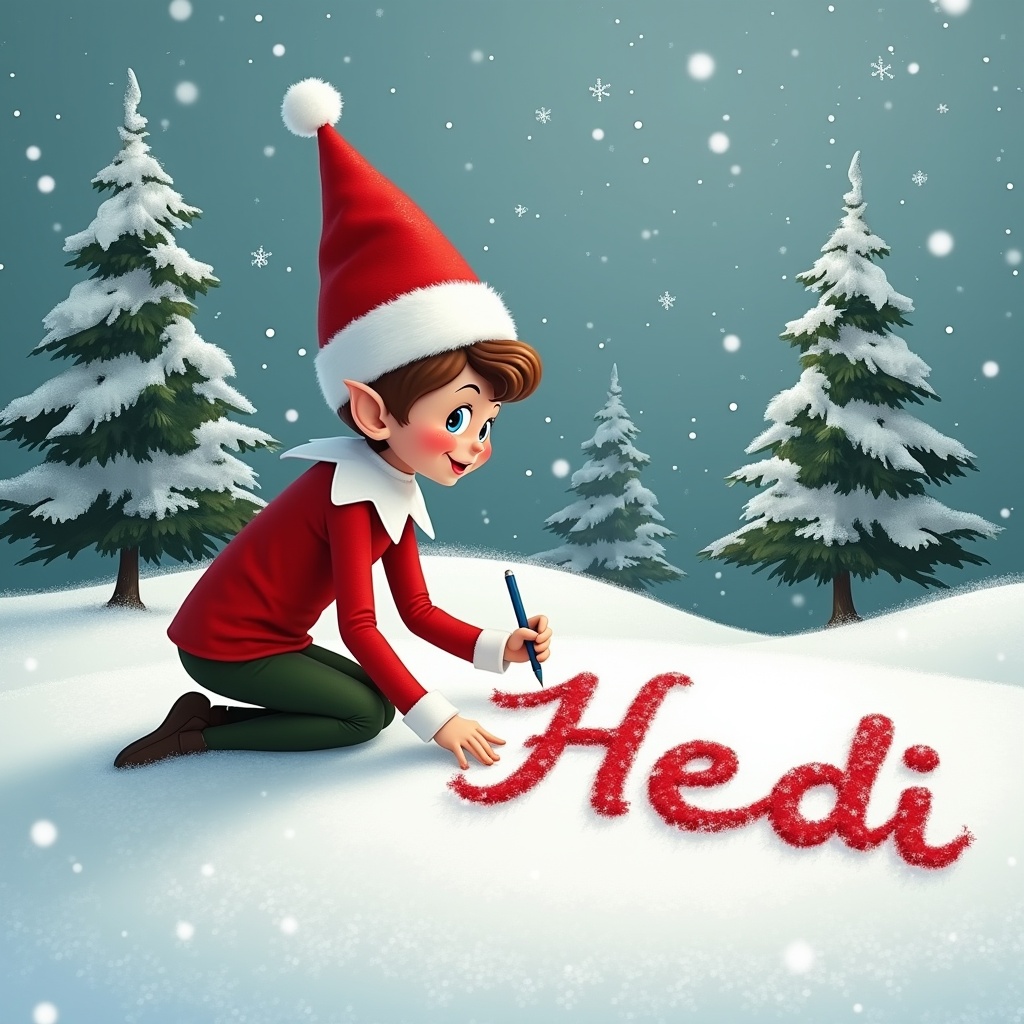 Elf wearing a Santa hat writes the name Hedi in the snow surrounded by Christmas trees on a winter day.