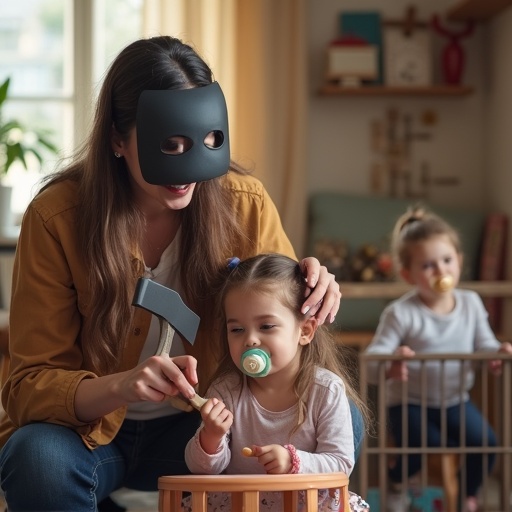 A fun scene with a mother and her children. A girl rests her head on a stool. The mother pretends to chop with a toy axe. The girl has a big pacifier. Two siblings are in a small cage waiting. They also have pacifiers. Mother has an executioner mask. The mood is playful.