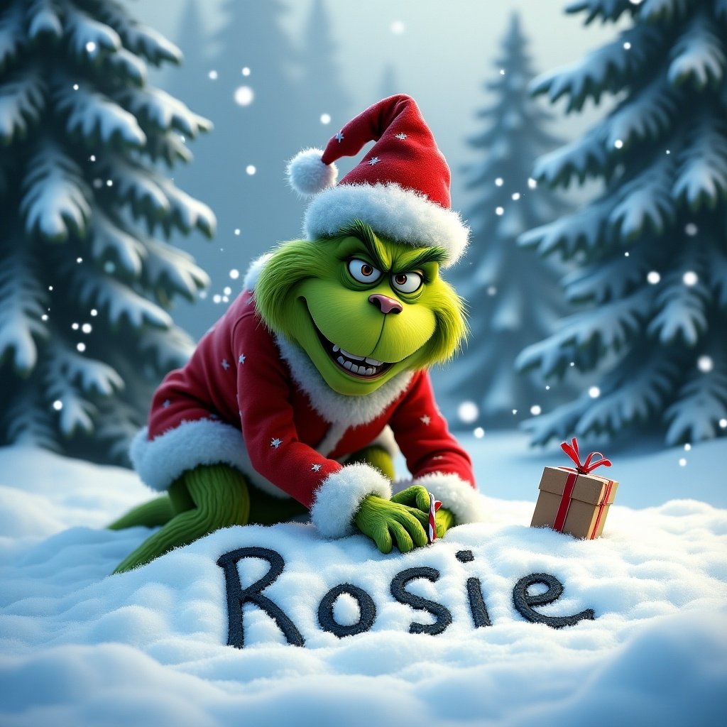 The image features Grinch in a red suit writing in the snow. He is smiling. Snow gently falls around him. The focus is on the name 'Rosie' in fresh snow. Tall snow-covered trees surround the scene. This captures the essence of the festive season.