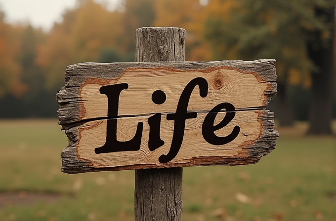 A wooden sign with the word 'Life' stands in front of a blurred grassy background.