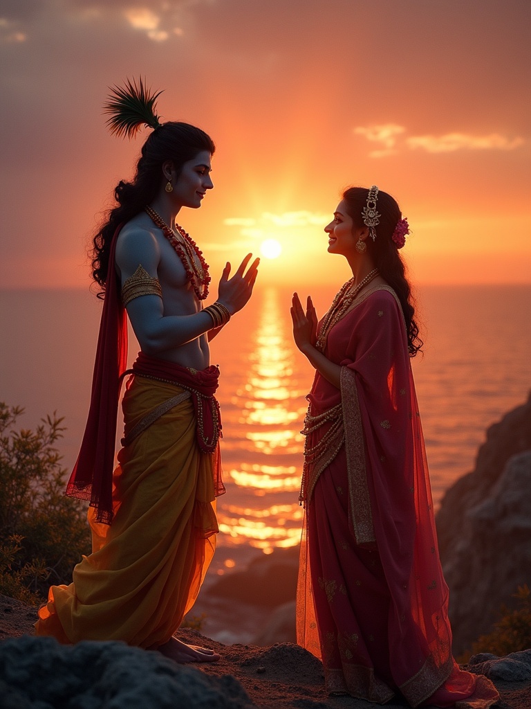 Radha and Krishna stand facing each other. Beautiful sunrise is in the background. Warm colors reflect off the water. Figures are in silhouette. They express a deep connection.