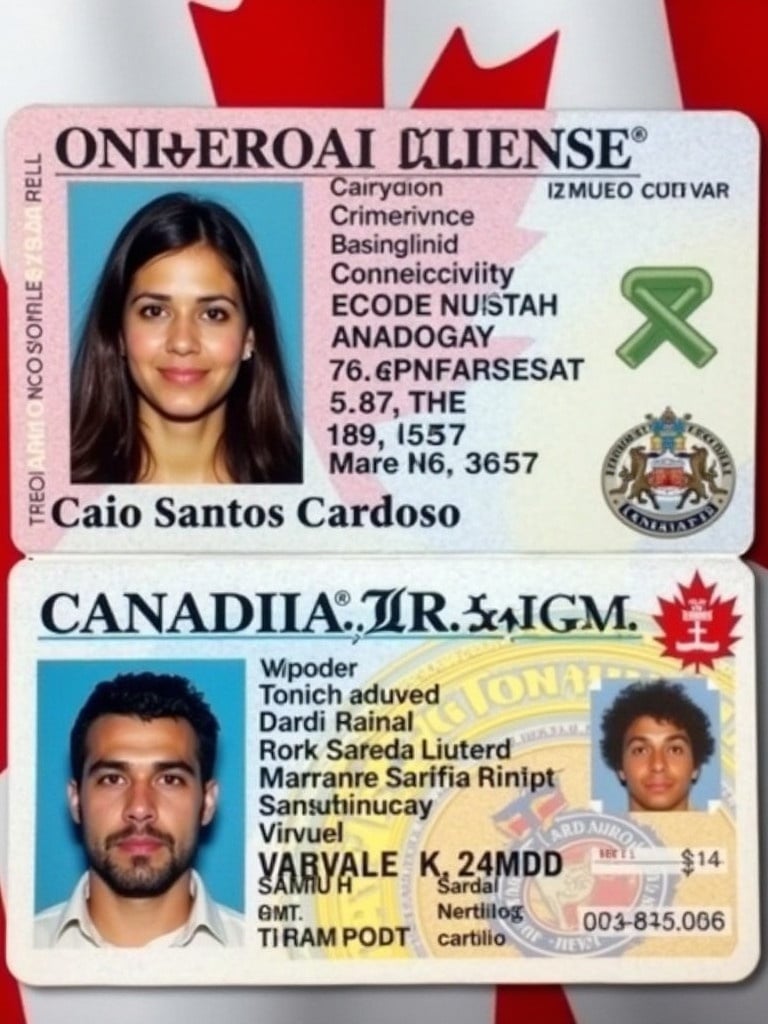 Image of an Ontario Canada driver's license. It has the name Caio Santos Cardoso. The card features a unique license number and a photo. The background shows the Canadian flag. The design follows standard specification for ID cards. The image is vibrant and typical of ID aesthetics.