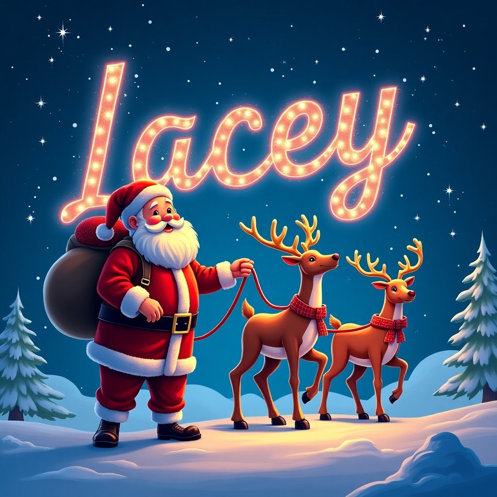 Christmas theme featuring Santa Claus with reindeer. Name Lacey in glowing letters against a night sky. Colorful festive atmosphere. Snowy background.