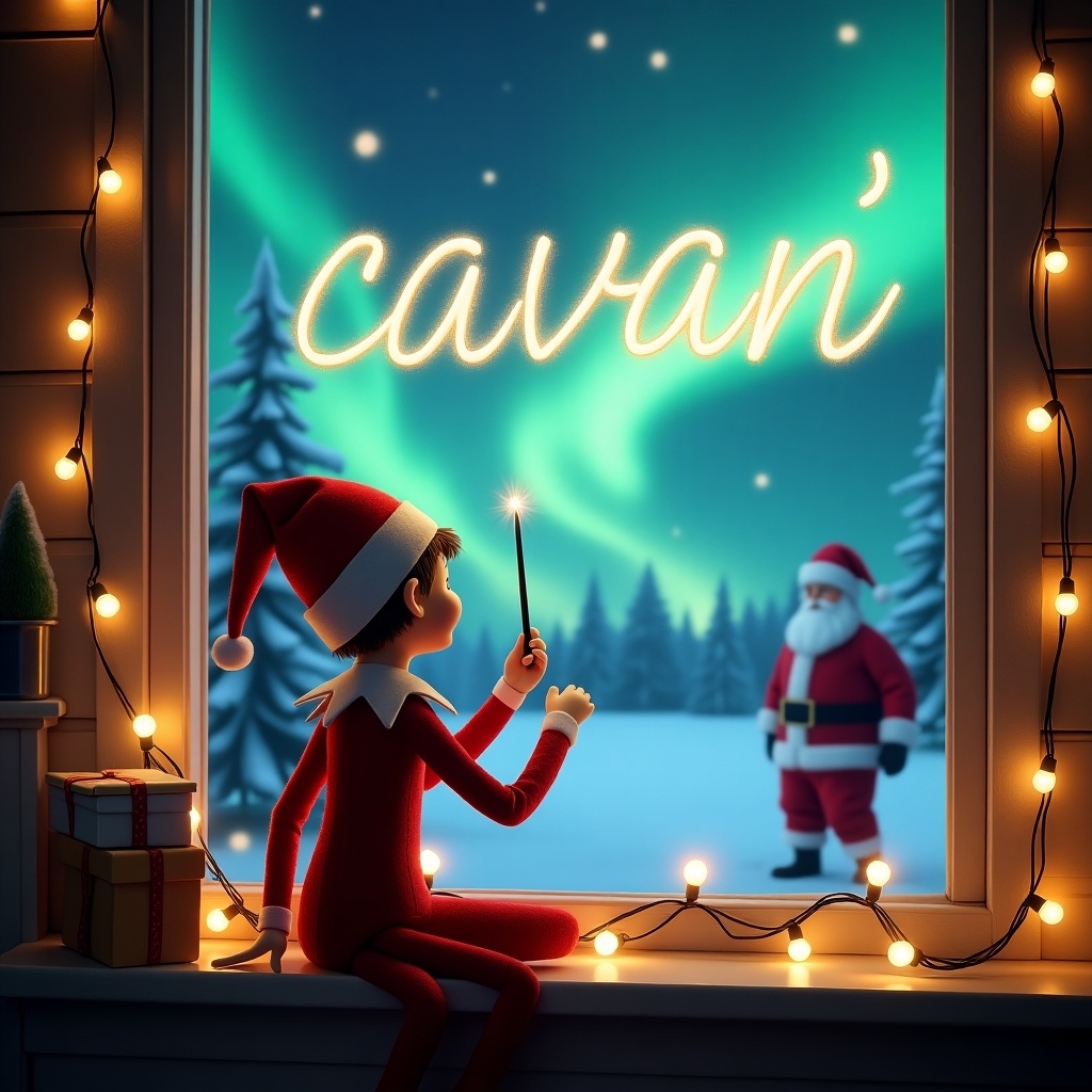 This image features an elf on the shelf sitting by a window, creating a magical scene. The elf is facing away from the viewer and using a wand to write the words 'cavan' in the night sky. Outside, a beautiful Christmas landscape is visible with vibrant northern lights illuminating the night. In the background, Santa stands, adding to the festive atmosphere. The cozy room is adorned with strings of Christmas lights, enhancing the enchanting feeling of the holiday season.