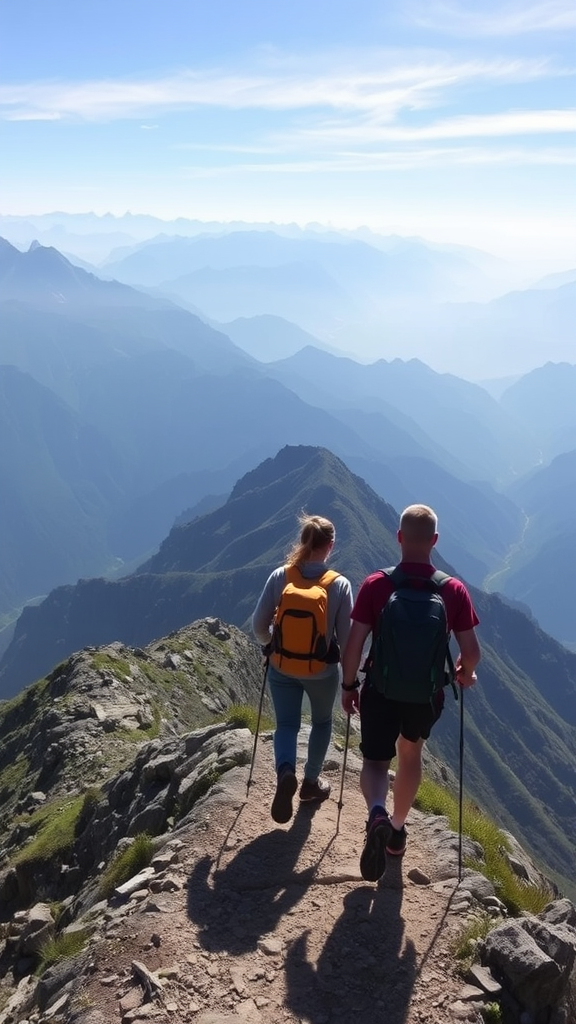 Two hikers traverse a narrow mountain path with stunning panoramic views of layered blue mountain ranges under a clear sky.