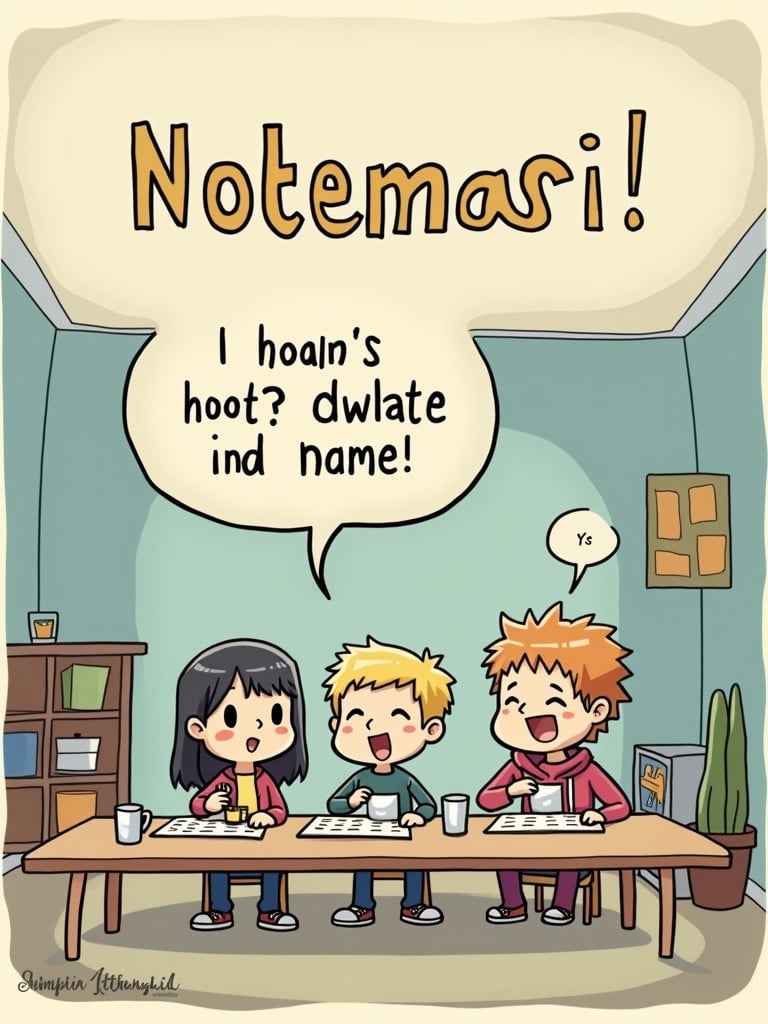 Three children sitting at a table. They are writing in notebooks. The girl has black hair. The boy has blonde hair. The other boy has orange hair. Speech bubble says 'I hoan's hoot? dwlate ind name!'