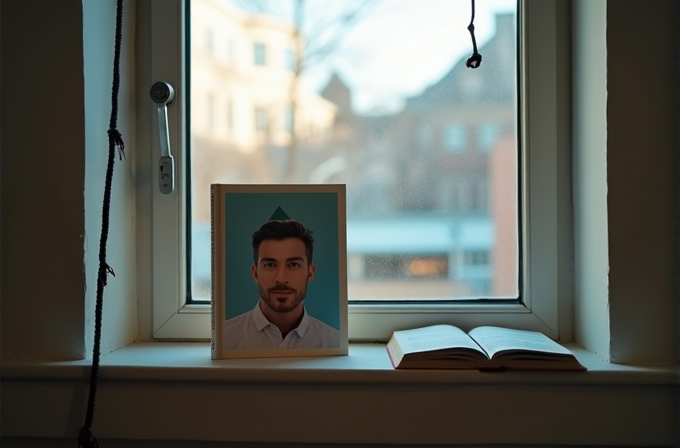 A framed photo and an open book rest on a windowsill with a blurred city view outside.