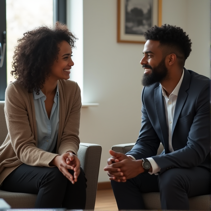 A smiling man and woman engage in a friendly conversation while seated in a cozy room, dressed in business attire.