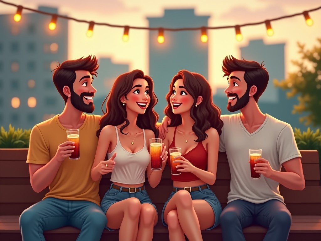 The image features four animated friends happily sitting on a bench during a casual evening. They are enjoying drinks in a warm, outdoor setting, likely on a rooftop or patio. The background showcases soft-focus city buildings and greenery. Overhead, string lights add a cozy touch to the scene. The two women in the middle hold drinks and smartphones, smiling brightly at the viewer, while the men on either side share a laugh, depicting a lively atmosphere of friendship.