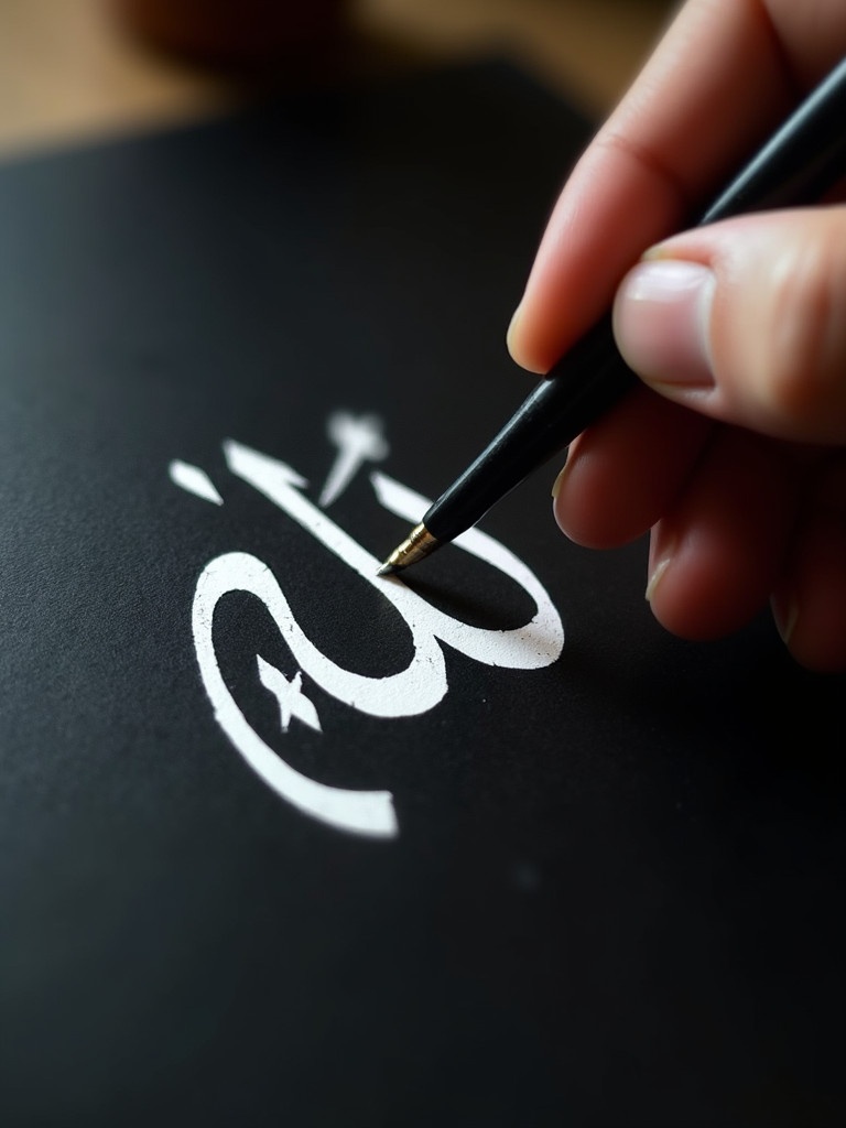 Arabic calligraphy featuring name محمد اللحيدان created with white ink on black surface. Hand is steady focusing on letters. Soft lighting allows detailed strokes to be visible. Highlights beauty and precision of calligraphy.