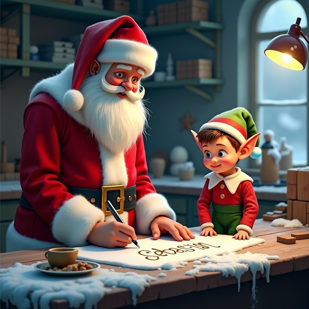 The image depicts a heartwarming scene in Santa Claus's workshop during the festive season. Santa, dressed in his traditional red outfit, is intently writing children's names in the snow on a wooden worktop. Beside him stands a cheerful little elf, adorned in a green and red outfit, who watches curiously. The workshop is filled with holiday decorations, creating a vibrant and magical atmosphere. Snow gently covers the surfaces, enhancing the winter theme. This enchanting moment captures the spirit of giving and childhood excitement. Perfect for illustrating the joy of the holiday season.