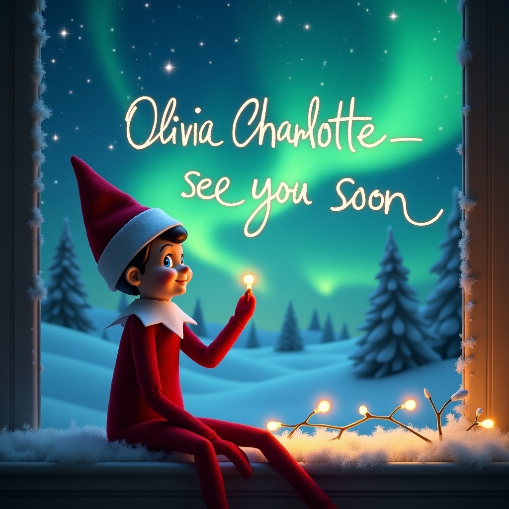 A cheerful elf on a shelf sits by a window during winter, gazing out at the stunning northern lights in the sky. The elf is grabbing a bright light bulb, looking excited. In the sky, the handwritten text 'Olivia Charlotte - see you soon' glows warmly. Snow and holiday decorations adorn the window ledge. The surrounding view is filled with snow-covered trees, enhancing the magical atmosphere of the scene. It captures the spirit of the festive season and the anticipation of Christmas.