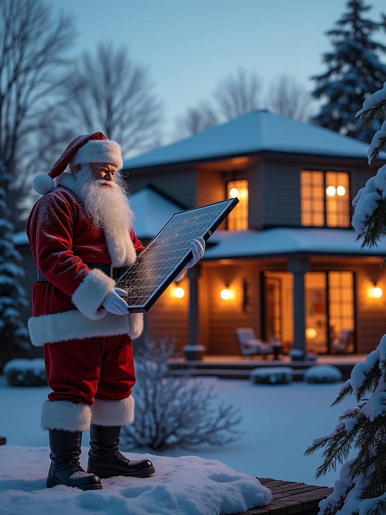 Santa Claus stands proudly while holding solar panels. The background features a luxury home elegantly illuminated. Snow blankets the ground around them. The scene is set during evening twilight.