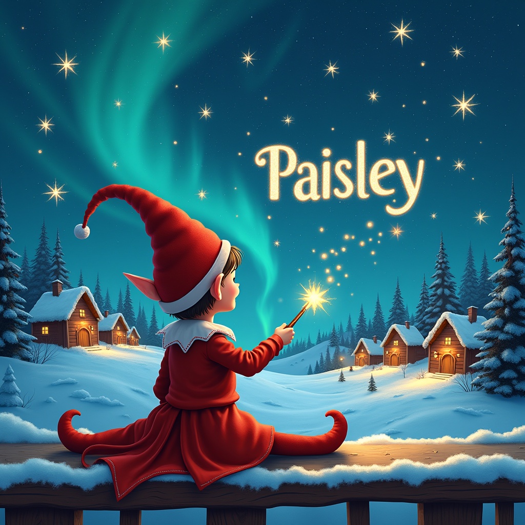 An elf sits on a ledge gazing at a magical sky. Wearing a red outfit and a pointed hat. Holding a sparkling wand. Writing 'Paisley' in the starry sky. The scene shows a snowy landscape with charming houses and evergreen trees under Northern Lights.