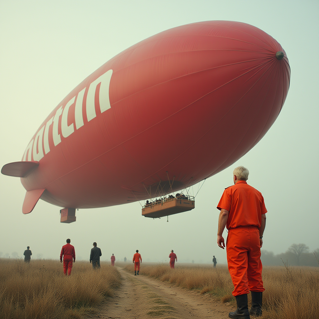 A large red blimp hovers over a field with several people walking towards it.