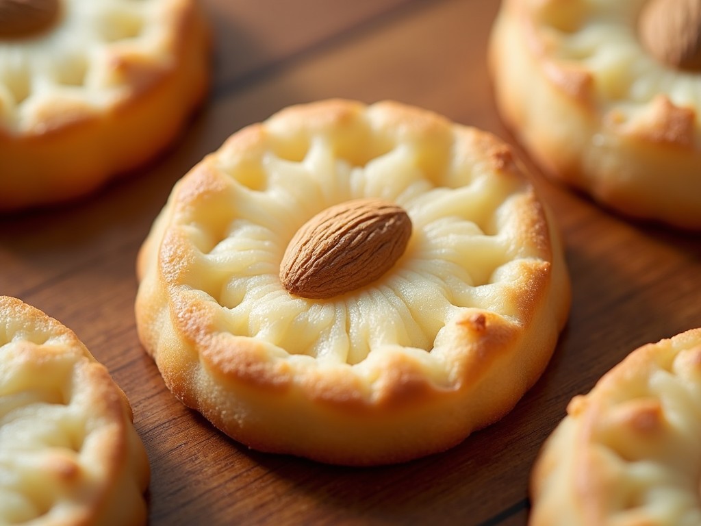 Close-up of almond cookies with golden baking texture, soft lighting.