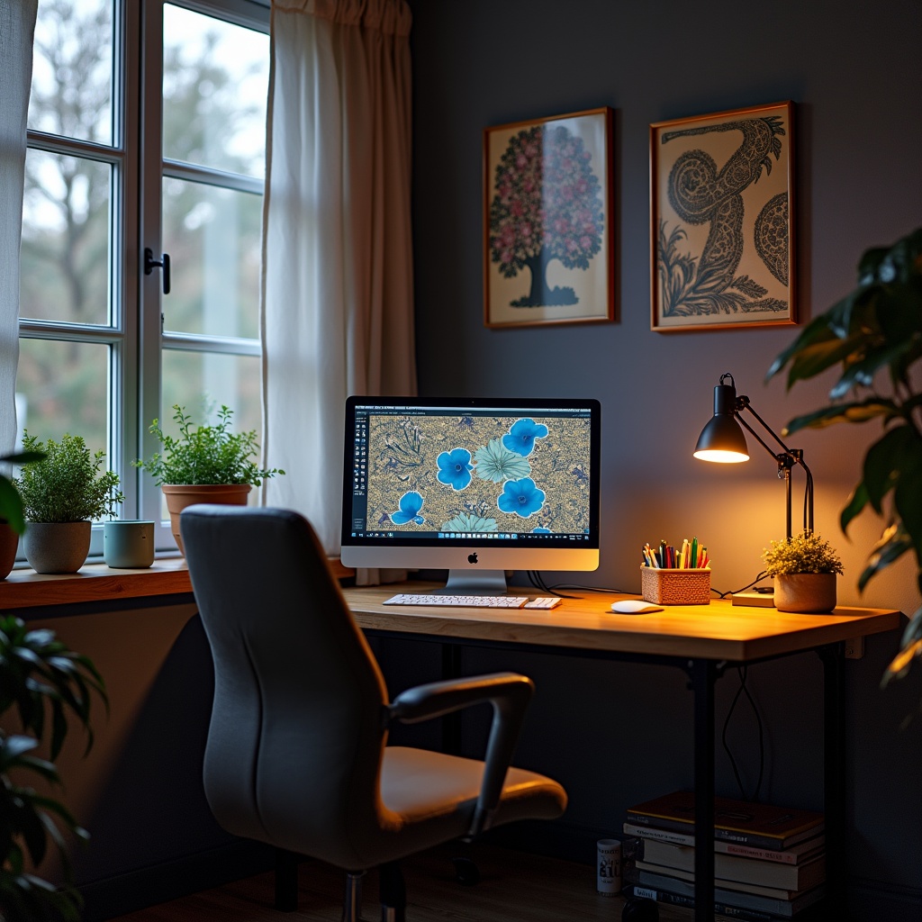 This image showcases a stylish desk setup in a cozy room filled with natural light. A computer sits on the desk, displaying vibrant blue flowers on the screen. The space is adorned with potted plants that add a touch of greenery and freshness. Warm ambient lighting from a desk lamp creates an inviting atmosphere. Art pieces on the wall complement the overall aesthetic, enhancing the comforts of work and creativity.