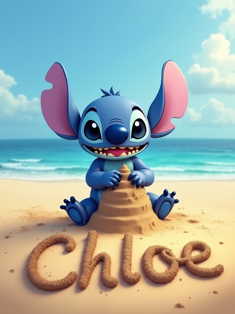 Stitch character sits on a sandy beach. Stitch builds a sandcastle. Name Chloe is written in the sand. Background features ocean and clouds. Bright and cheerful atmosphere.