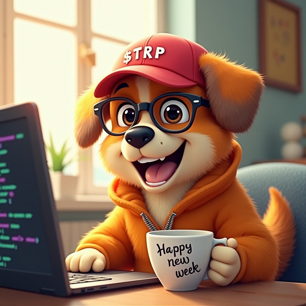 A cheerful dog character with bright orange fur, wearing a red baseball cap with '$TRP', seated at a desk. The dog wears stylish glasses and holds a cup that says 'Happy new week'. There is a laptop showing programming code. Sunlight fills the room, making it warm and inviting. The dog looks engaged and happy.