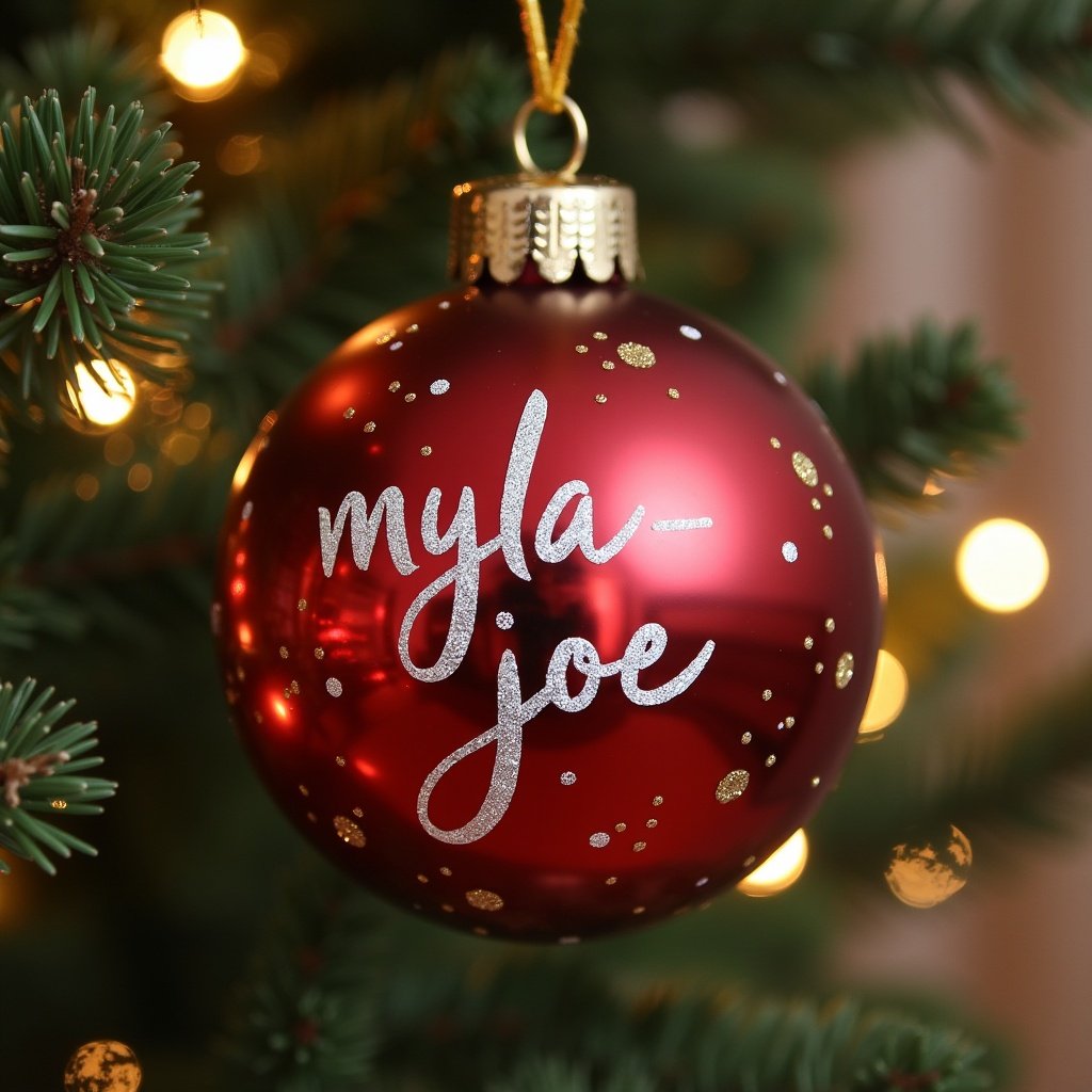 This image features a beautiful red Christmas bauble, elegantly designed with the name ‘myla joe’ in a stylish script. The bauble is adorned with gold speckles, enhancing its festive appeal. It hangs gracefully on a Christmas tree, surrounded by lush green branches. Soft, warm lights twinkle in the background, creating a cozy holiday ambiance. This ornament symbolizes the perfect personalized touch for holiday decorations, making it a wonderful gift or keepsake for cherished memories.