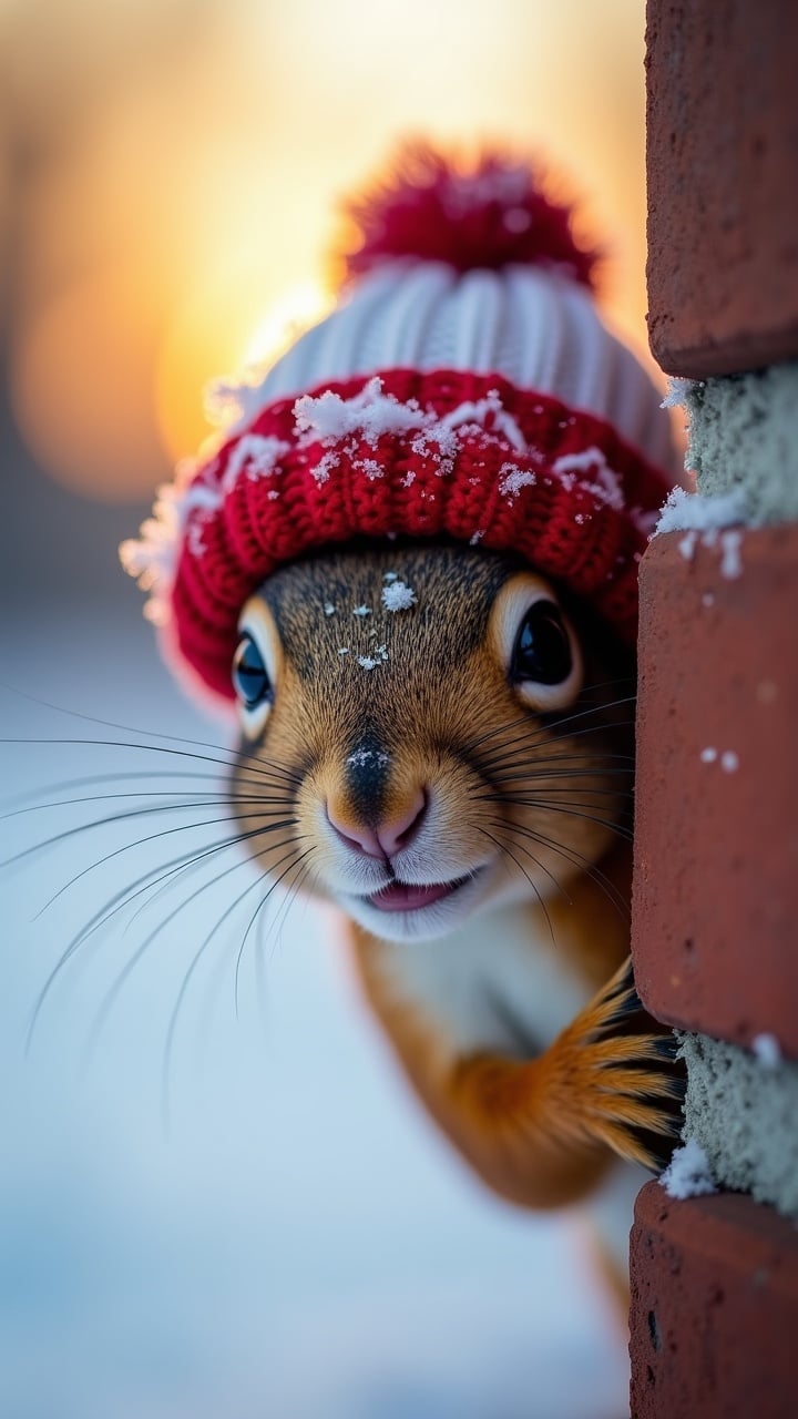 Close-up of a smiling squirrel peeking from behind a brick wall. The squirrel wears a red and white knitted hat. The nose has hoarfrost. Blurred winter landscape and setting sun in background. Squirrel and hat are colorful and prominent.