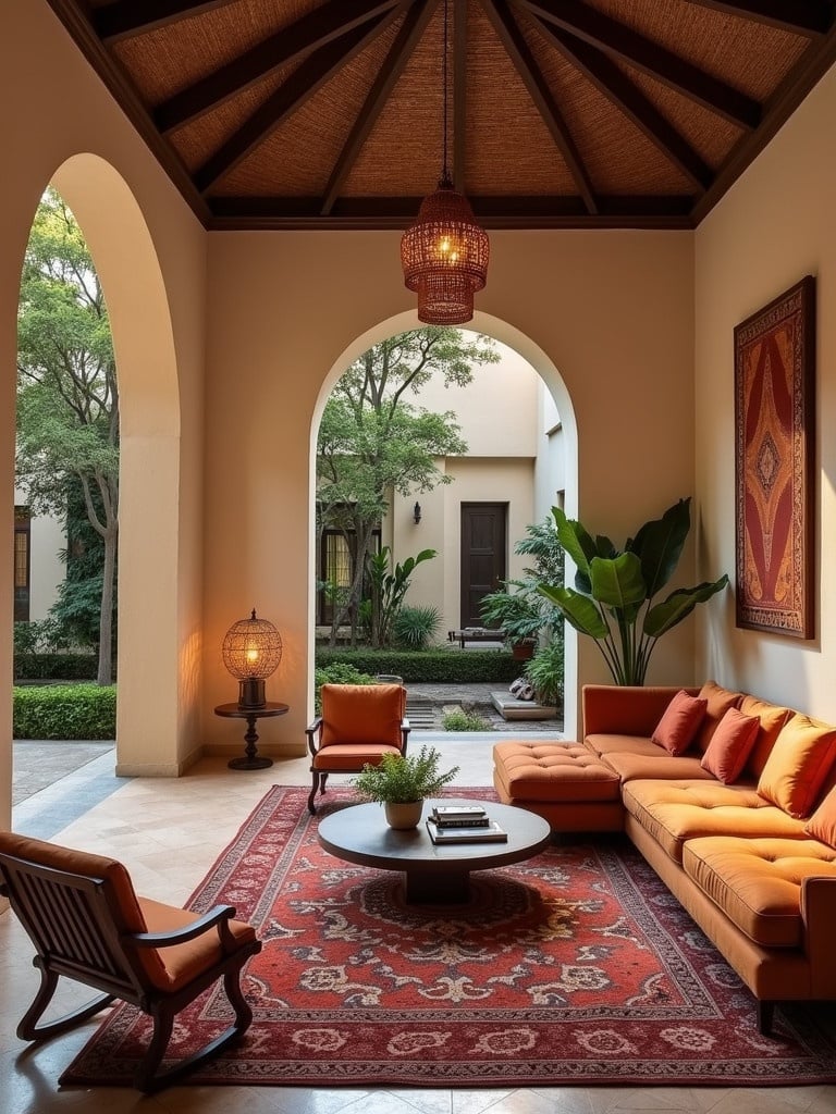 A traditional Indian courtyard living room with a vibrant orange sofa under a thatched roof. Decorative elements include a Persian rug and a tall indoor plant.