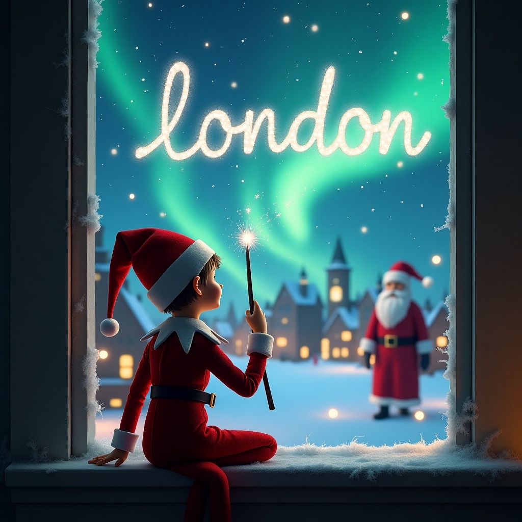 Elf on the shelf writing snowy London in the sky with a wand. Background features a magical Christmas image with northern lights and Santa Claus. Cozy home scene with a festive atmosphere.