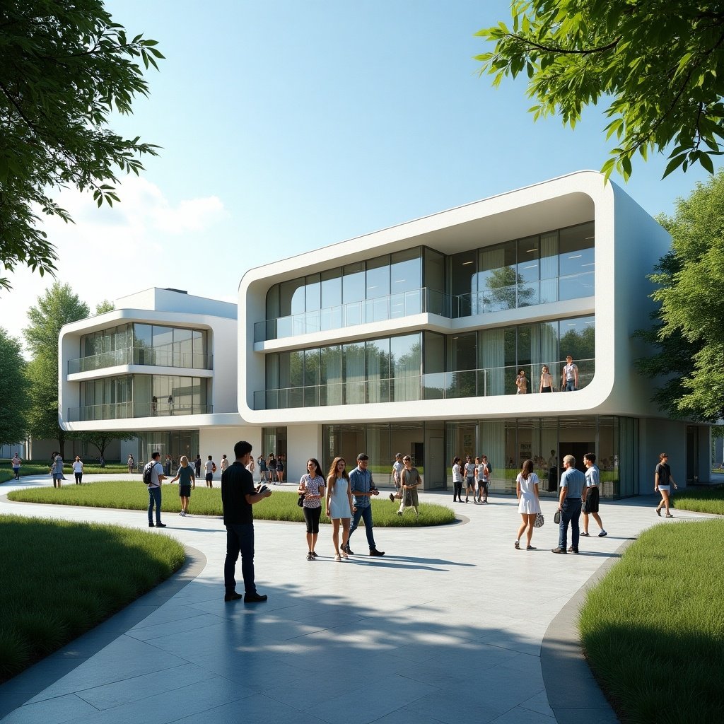 Modern college building with sleek architecture. Students present outdoors. Lush green landscaping surrounds the structure. Clear blue sky. Contemporary design emphasized by geometric shapes.