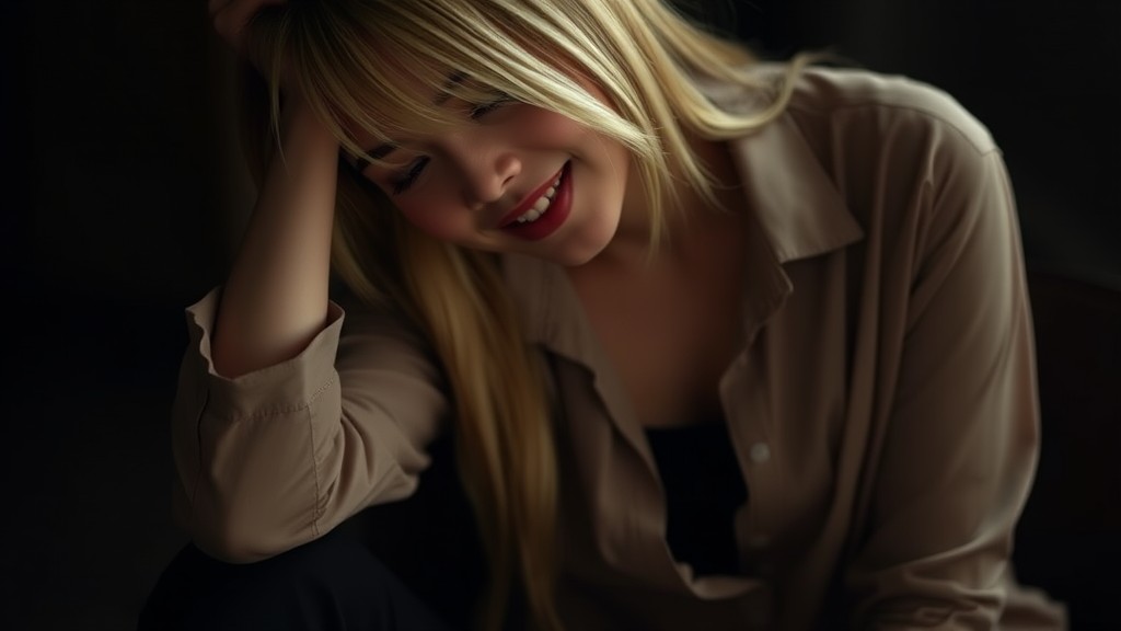 A woman with long blonde hair laughing gently in a dimly lit setting.