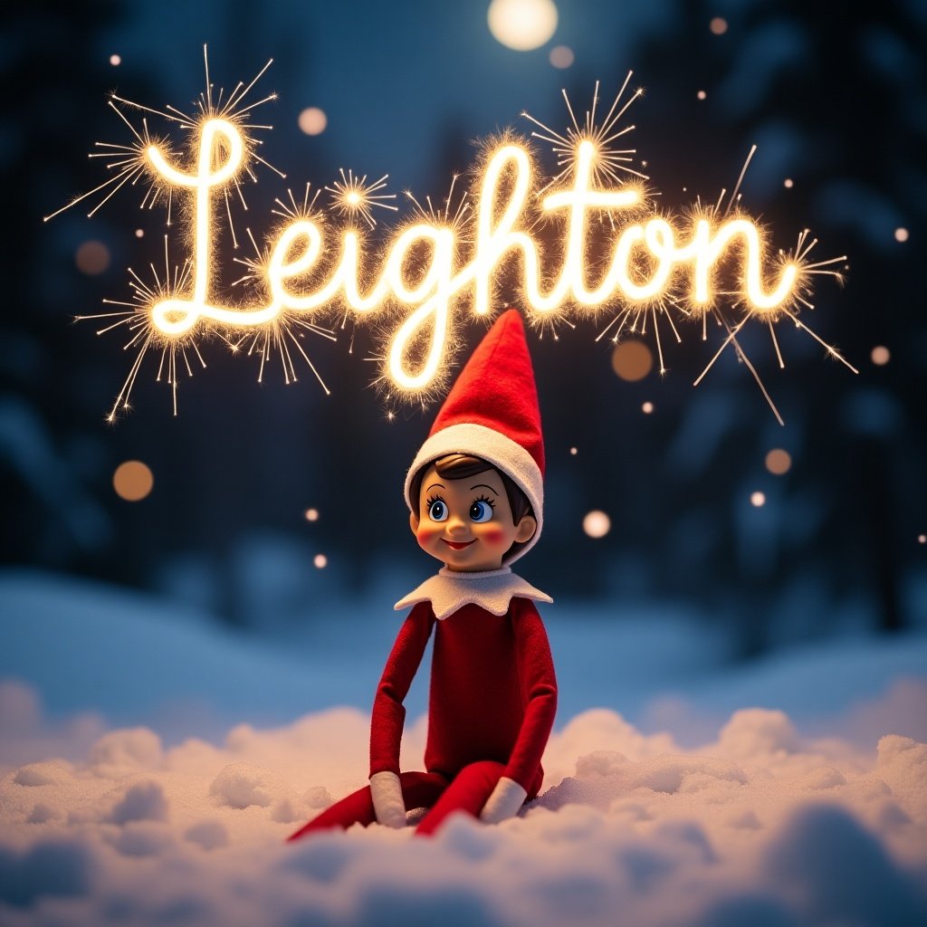 A magical night scene with an Elf on the Shelf. The elf is sitting in the snow. The name 'Leighton' is written above in glowing letters made from sparklers. The background is dark and enhances the glow. The elf has a cheerful expression. The setting is festive and enchanting for Christmas.