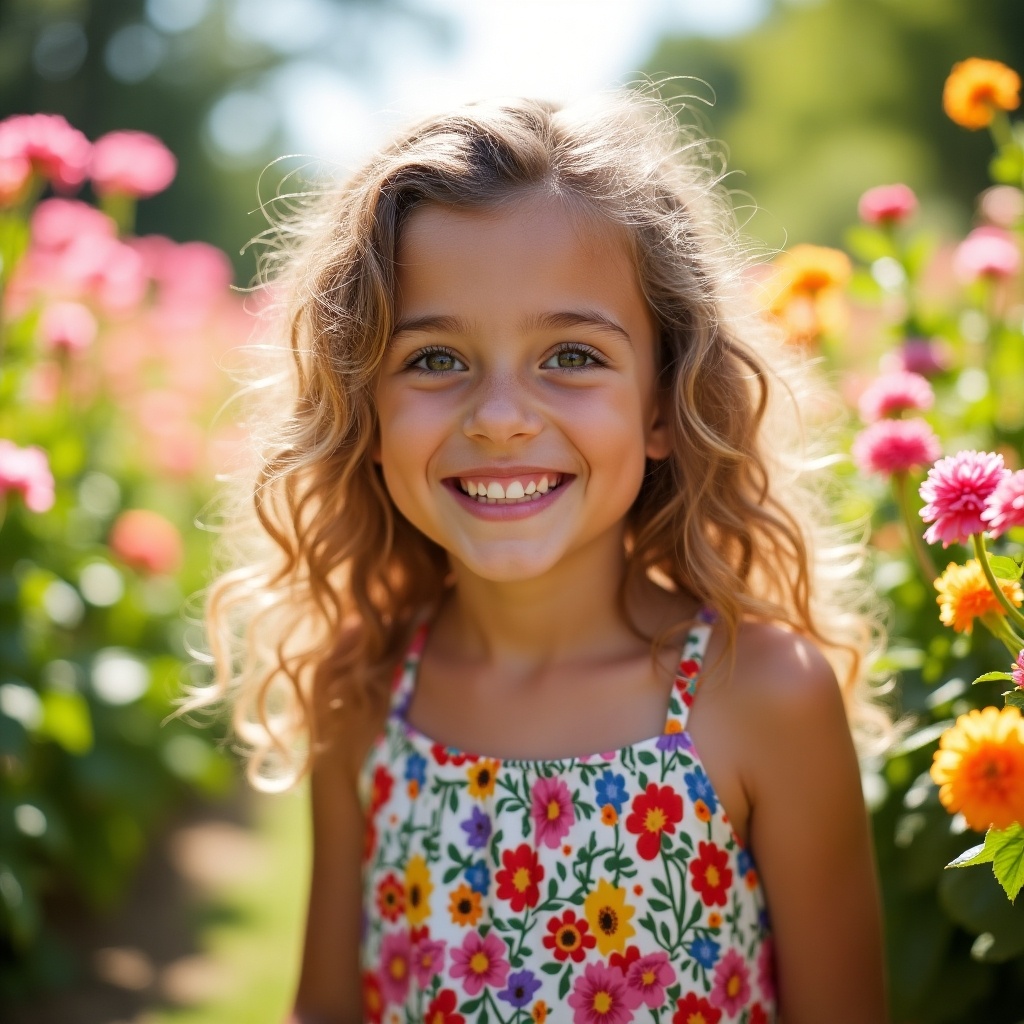 Girl in a flower garden wearing a floral dress. Bright colorful flowers surround her. Natural sunlight illuminates the scene.