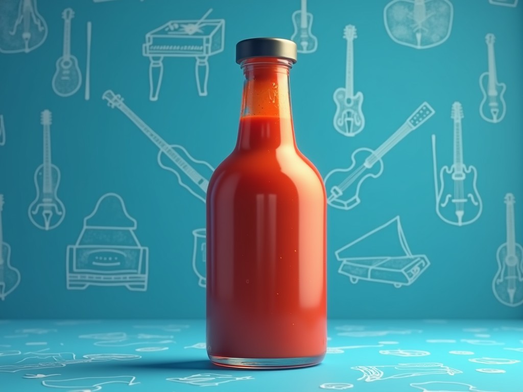 A bottle of hot sauce stands prominently against a vibrant turquoise background adorned with illustrations of musical instruments. The playful contrast highlights the bold red color of the sauce, drawing attention to its fiery content while surrounded by whimsical artistic sketches.