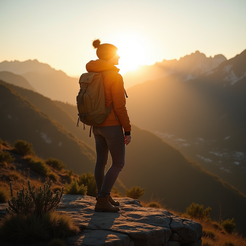 A person stands on a mountain with a backpack, silhouetted against a golden sunset.