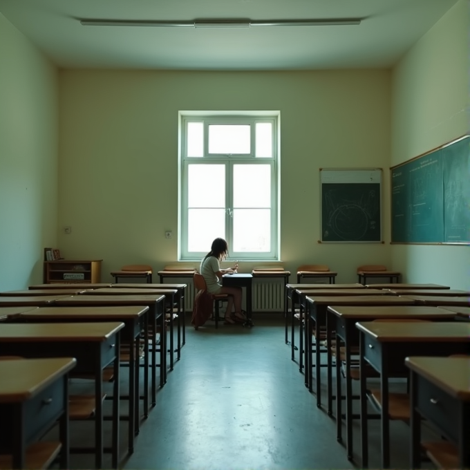 A lone student sits at a desk in an empty classroom, lit by sunlight streaming through a window.