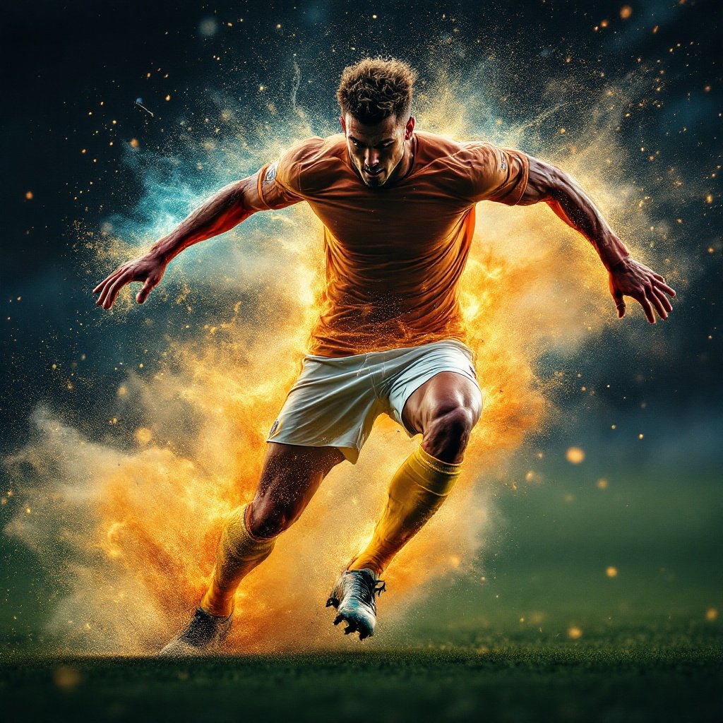 Stunning hyper-detailed sports photography of a soccer player in action. Capture the essence of athleticism and human power. The image features vibrant contrasting colors with a glowing background effect. The player illustrates peak performance with a focus on movement and agility. Achieve exceptional clarity showcasing muscles and expressions. Use dramatic lighting to enhance body contours and depth. Employ a shallow depth of field to isolate the player from background elements. Include dynamic visual effects to convey speed and intensity.